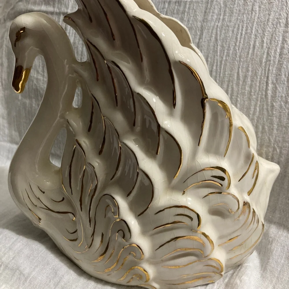 Vintage Ceramic Swan Planter Vase Gilded Iridescent Succulent 9 Inches Tall - Picture 2 of 7